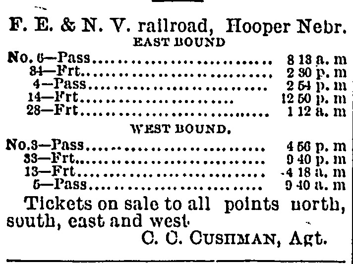 June 1899 Hooper railroad timetable listing eastbound and westbound passenger and freight trains.