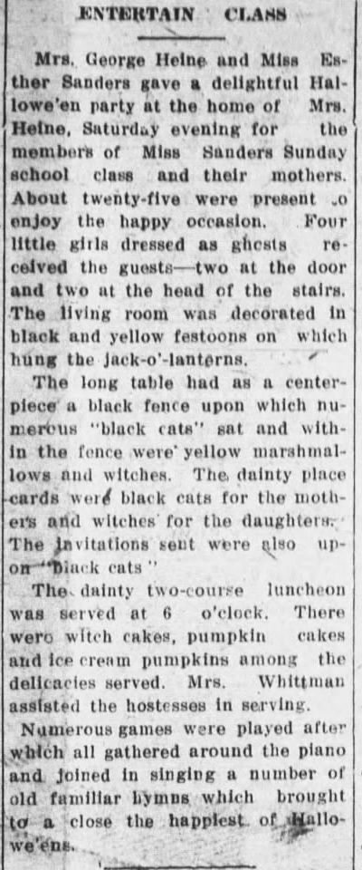 The Sentinel’s Entertain Class item describing a Hooper Sunday-school Halloween party in 1914.