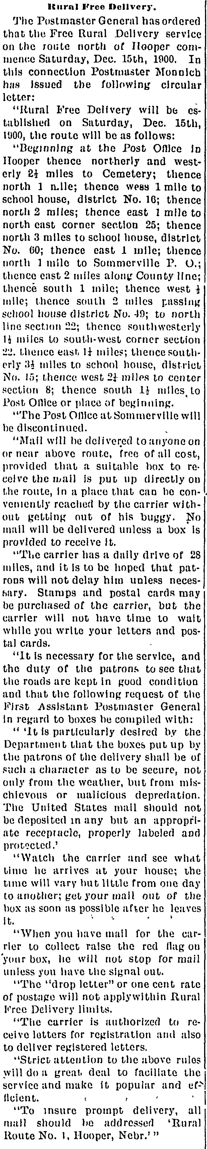 Newspaper column headed Rural Free Delivery announcing the Hooper route and mailbox instructions.