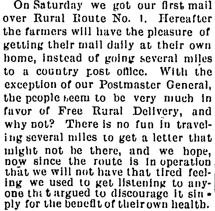 Short Swaburg News report describing the first delivery on Rural Route No. 1.