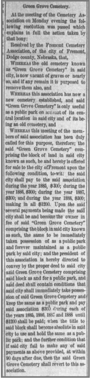 Original 1884 newspaper printing of the cemetery association’s resolution offering Green Grove as a public park.