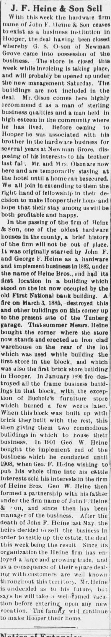 Newspaper report of the sale of J. F. Heine and Son’s hardware business in April 1920.
