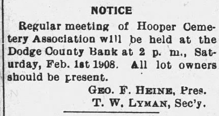 1908 notice inviting Hooper Cemetery lot owners to an association meeting at Dodge County Bank.