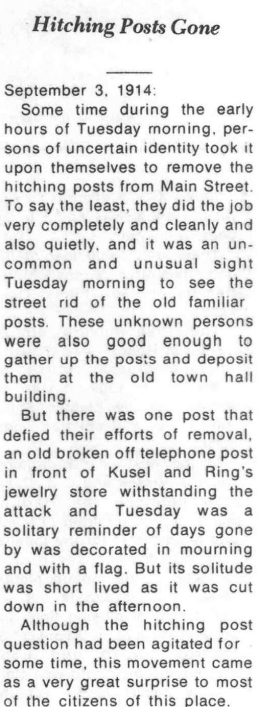 Hitching Posts Gone, a September 3, 1914 account reproduced on page 86 of Hooper’s centennial history.