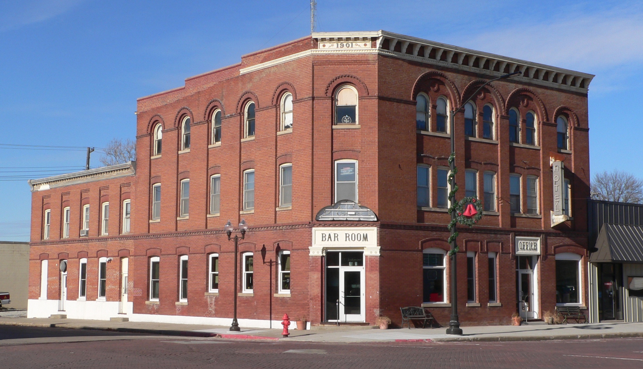 The red-brick Harder Hotel at Main and Howard streets in Scribner, photographed in December 2011.