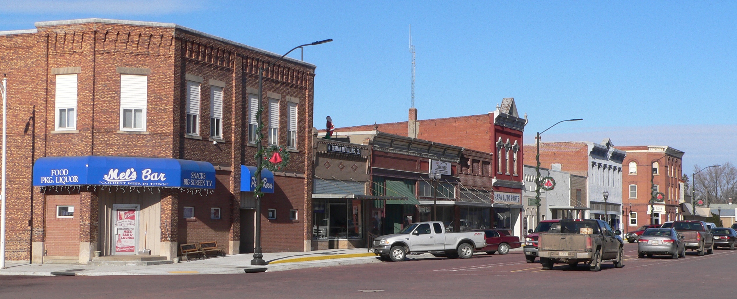Brick storefronts along Main Street in downtown Scribner, photographed in December 2011.