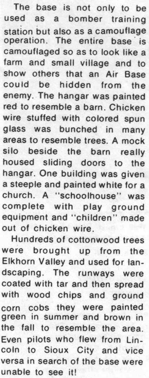 Two paragraphs from page 93 describing the disguised hangar, mock silo, imitation church and schoolhouse, artificial trees and seasonally colored runways.