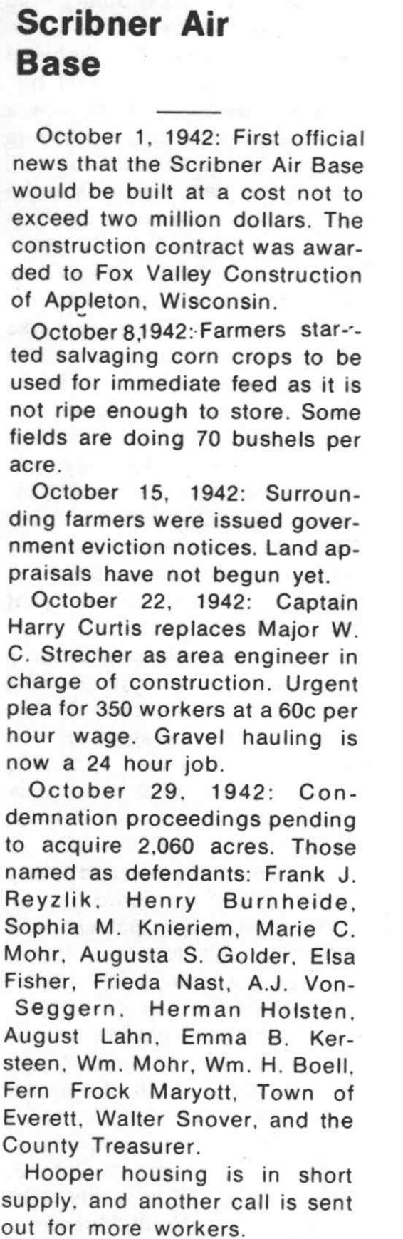 The Scribner Air Base heading and October 1942 entries in Hooper’s centennial book, describing construction, crops, eviction notices, land acquisition and a housing shortage.