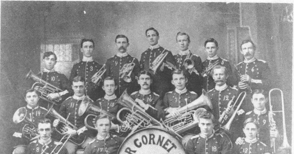 Members of the Silver Cornet Band of Hooper, Nebraska, in an early studio photograph
