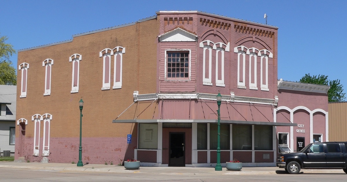 Historic Kroeger Brothers buildings and Hooper City Office on Main Street in Hooper, Nebraska