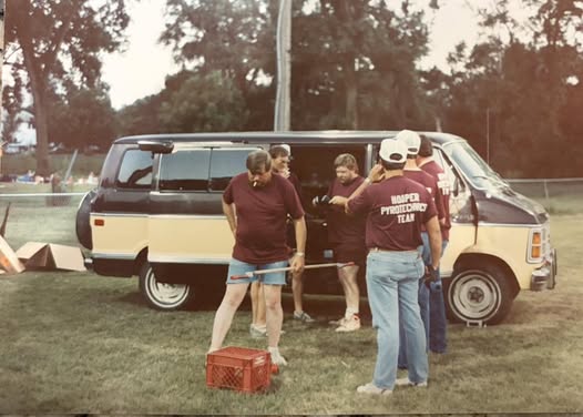 Community photograph of the vehicle and crew associated with early Hooper fireworks displays