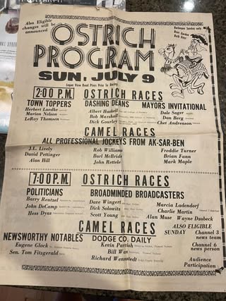 Printed program for Hooper ostrich and camel races, shared by Wendy Mengedoht Brennan