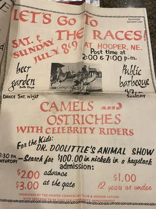 Handwritten ostrich and camel race poster, shared by Wendy Mengedoht Brennan