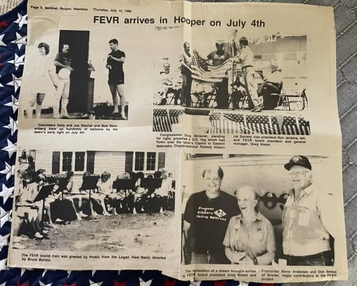 Newspaper clipping: FEVR arrives in Hooper on July 4, shared by Wendy Mengedoht Brennan